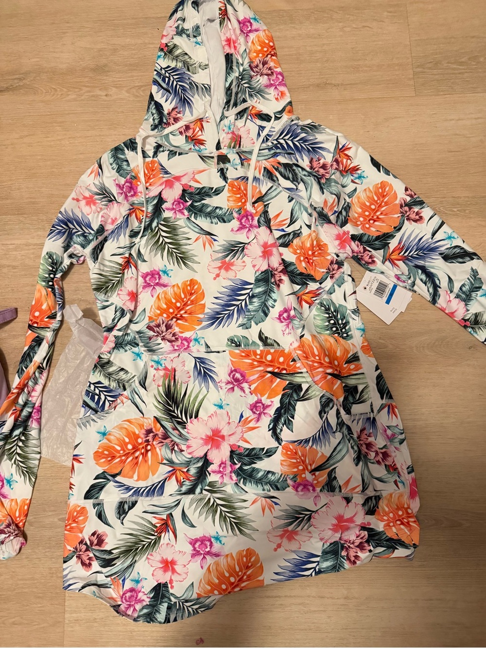 Tropical Floral Hooded Swim Coverup - Orange, Pink & Green XL